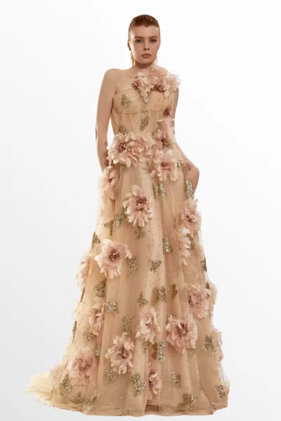 Tarik Ediz One-shoulder Floral Gown In Black