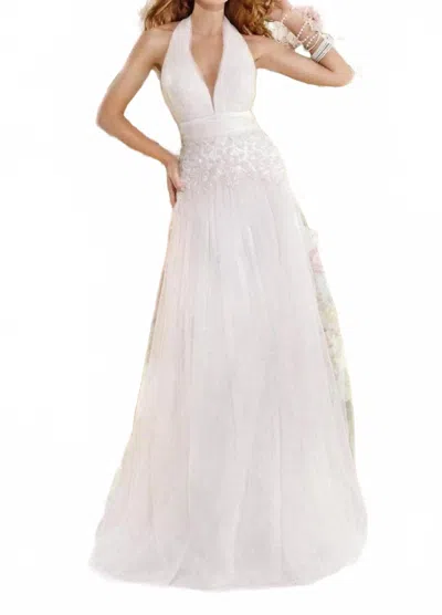 Tarik Ediz Plunging Halter Shirred Evening Prom Gown In Krem In Beige