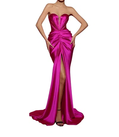 Tarik Ediz Plunging Sweetheart Satin Evening Gown In Fuchsia In Pink
