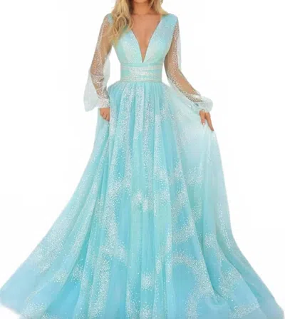 Tarik Ediz Plunging V-neck Prom Dress In Mint In Blue