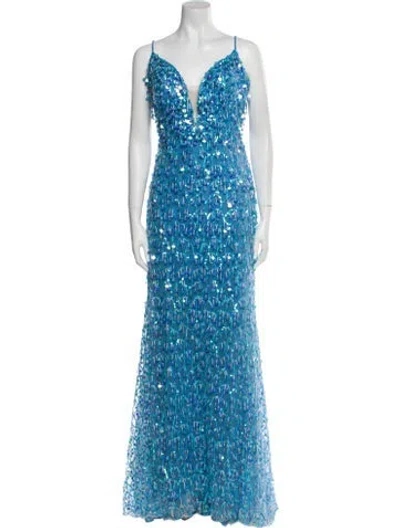 Pre-owned Tarik Ediz Printed Long Dress In Blue