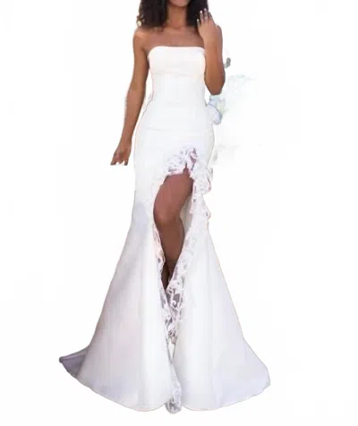 Tarik Ediz Ruffle Slit Strapless Dress In Ivory In Multi