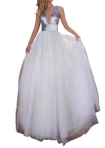 Tarik Ediz Shimmering Plunging Neckline A-line Gown In Ivory In Multi