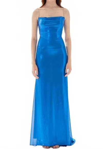Tarik Ediz Straight Across Ruched Prom Gown In Bijou Blue In Multi