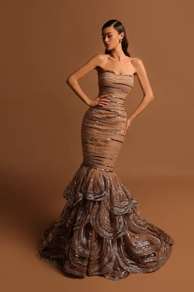 Tarik Ediz Strapless Chaplin Gown In Multi