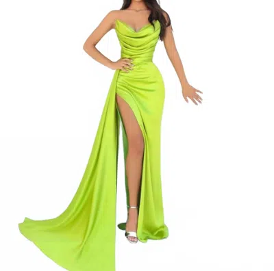 Tarik Ediz Strapless Draped Cowl Satin High Slit Gown In Lime In Green
