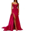Tarik Ediz Strapless Taffeta Gown With High Slit In Fuchsia In Pink