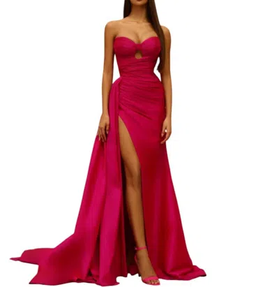 Tarik Ediz Strapless Taffeta Gown With High Slit In Fuchsia In Pink