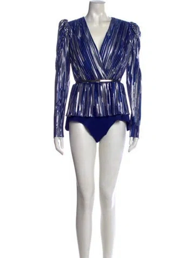 Pre-owned Tarik Ediz Striped V-neck Bodysuit In Blue