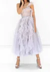 Tarik Ediz Tulle Ruffled Draped Tea Length Dress In Lilac Blue In Blue