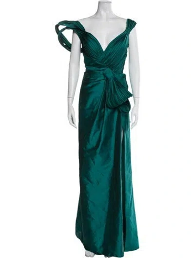 Pre-owned Tarik Ediz V-neck Long Dress In Green