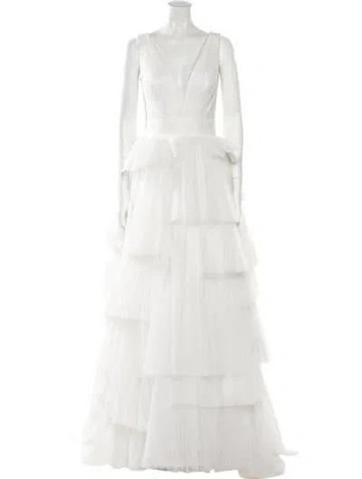 Pre-owned Tarik Ediz V-neck Long Dress In White