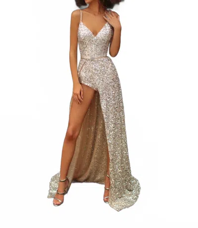 Tarik Ediz V-neck Sequin Embellished Gown In Gold