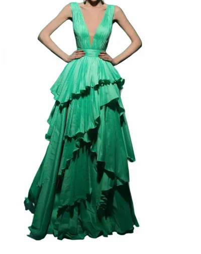 Tarik Ediz Women's Sleeveless Illusion Neck Gown In Mint In Green