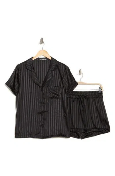 Tart Dixie Charmeuse Short Sleeve Button-up Shirt & Shorts Pajamas In Black Satin Stripe