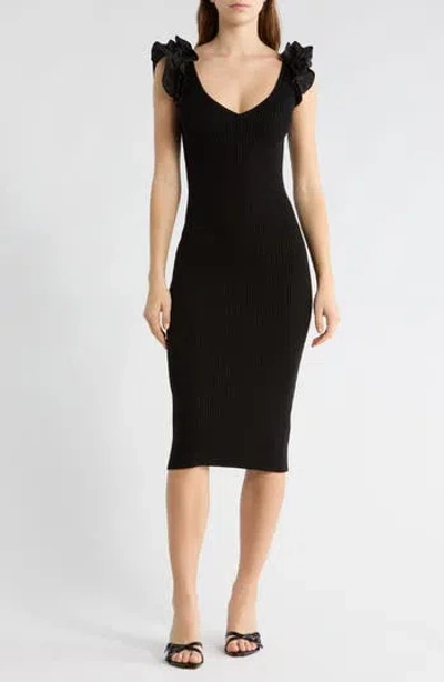 Tart Maelie Ruffle Sleeveless Ribbed Sweater Dress In Black