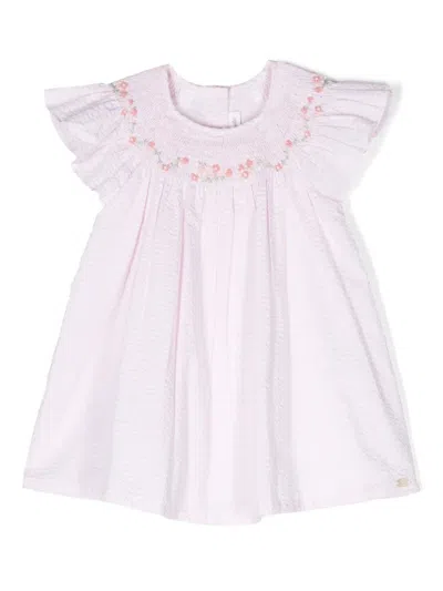 Tartine Et Chocolat Babies' Floral-appliqué Seersucker Dress In Pink