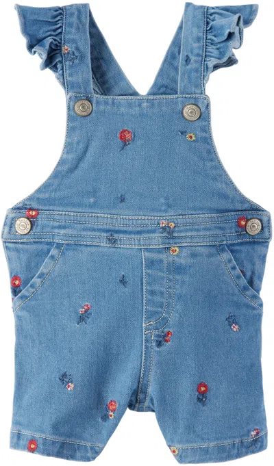 Tartine Et Chocolat Baby Blue Embroidered Denim Overalls In Bleu Azur