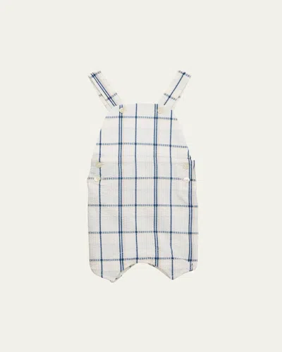 Tartine Et Chocolat Kids' Boy's Plaid Seersucker Linen Overalls In Bleu Celeste