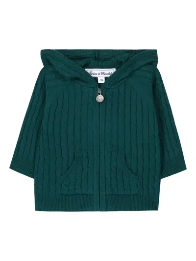 Tartine Et Chocolat Babies' Cable-knit Hooded Cardigan In Animal Print