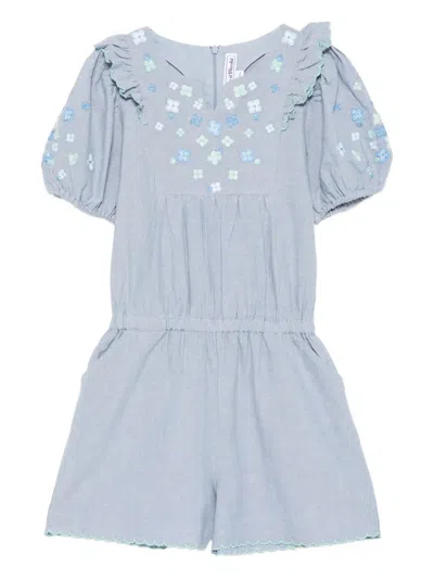 Tartine Et Chocolat Kids' Embroidered Ruffled Playsuits In Blue