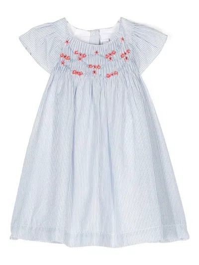 Tartine Et Chocolat Babies' Flared Floral-embroidered Striped Dress In Blue