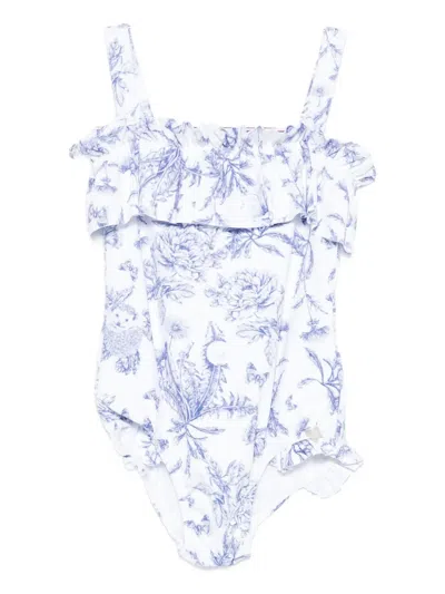 Tartine Et Chocolat Babies' Floral-print Ruffled Swimsuit In White