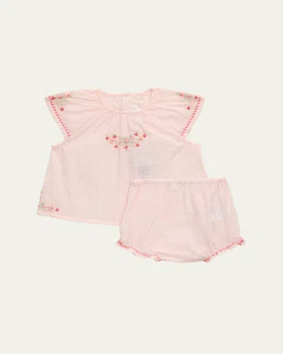Tartine Et Chocolat Babies' Girl's Floral Embroidered Swiss Dot Set In Rose Pale