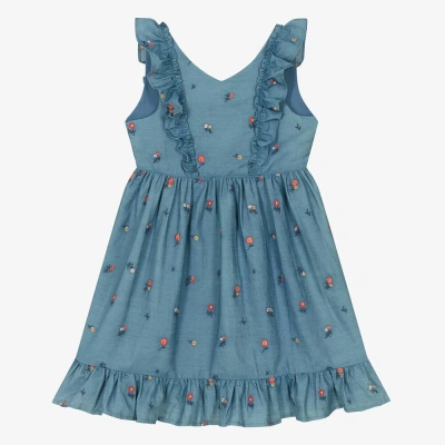 Tartine Et Chocolat Kids'  Girls Blue Floral Embroidered Chambray Dress