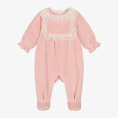 Tartine Et Chocolat Babies' Lace-trim Velvet Pajamas In Pink