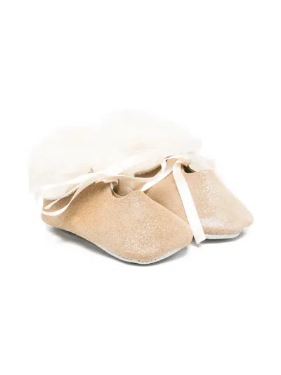 Tartine Et Chocolat Babies' Glittered Ribbon Booties In Gold