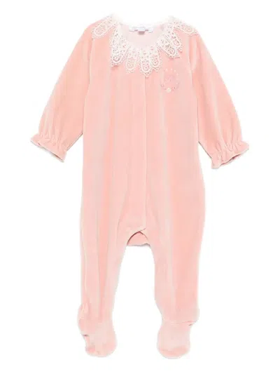Tartine Et Chocolat Babies' Lace-collar Velvet Pajama In Pink