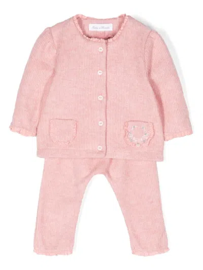 Tartine Et Chocolat Babies' Lace-trim Cardigan And Leggings In Pink