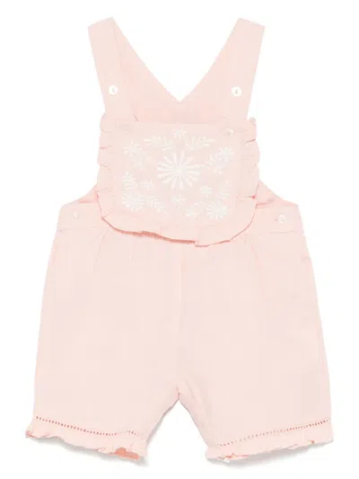 Tartine Et Chocolat Babies' Linen Peony-embroidery Dungarees In Pink