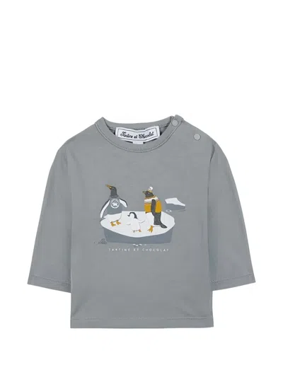 Tartine Et Chocolat Kids' Penguin Print Long-sleeved Top In Gray