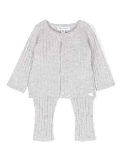 Tartine Et Chocolat Babies' Pointelle-knit Cardigan And Trousers In Grey