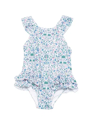 Tartine Et Chocolat Babies' Ruffled Floral-print Swimsuit In Blue