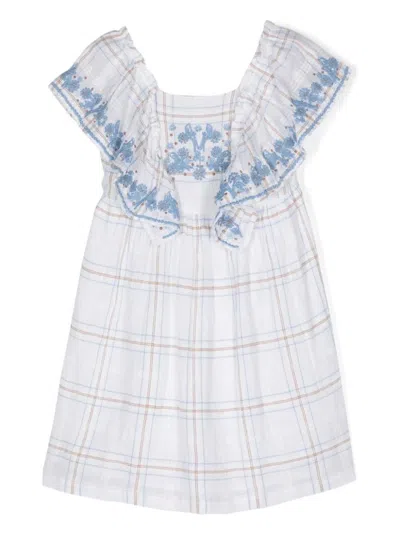 Tartine Et Chocolat Kids' White And Beige Checkered Dress With Blue Floral Embroidery