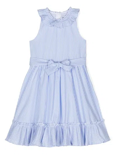 Tartine Et Chocolat Kids' White And Blue Striped Sleeveless Dress With Ruffles