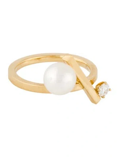 Pre-owned Tasaki 18k Cultured Pearl & Diamond Balance Cross Ring In Multicolor