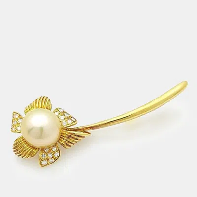 Pre-owned Tasaki 18k Yellow Gold Pearl Diamond Brooch In Multi