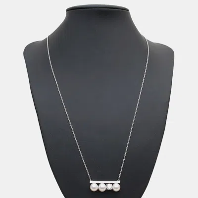 Pre-owned Tasaki Dasaki 18k White Gold Diamond Akoya Pearl Balance Necklace In Silver