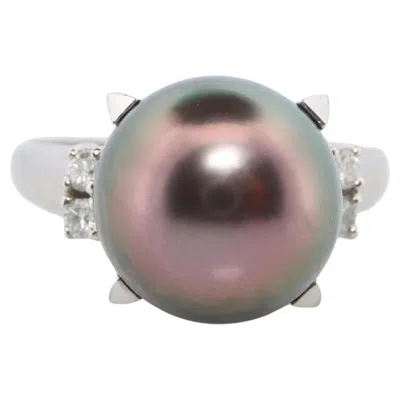Pre-owned Tasaki Ring. Genuine Tahitian Pearl Solitaire And Diamond. Pt900 Large Tahitian. In Multi