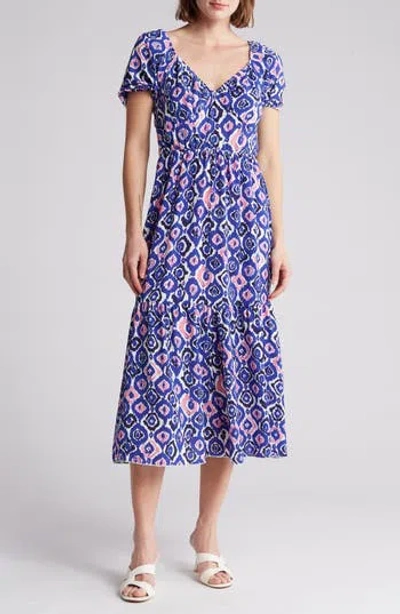 Tash And Sophie Abstract Ikat Puff Sleeve Midi Dress In Purple