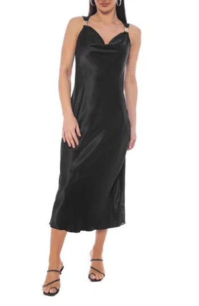 Tash And Sophie Chain Strap Cowl Neck Satin Midi Dress In Black