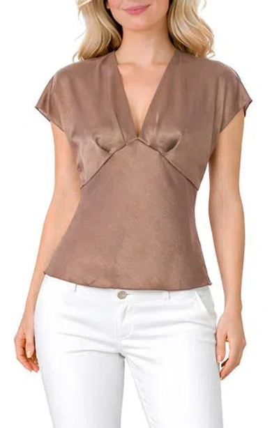 Tash And Sophie Crushed Satin V-neck Top In Brown