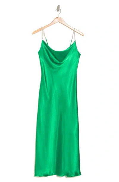 Tash And Sophie Crystal Strap Cowl Neck Satin Dress In Kelly Green/ Silver