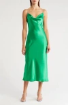 Tash And Sophie Crystal Strap Cowl Neck Satin Dress In Kelly Green/silver