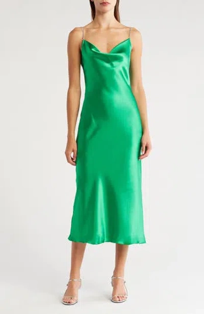 Tash And Sophie Crystal Strap Cowl Neck Satin Dress In Kelly Green/silver