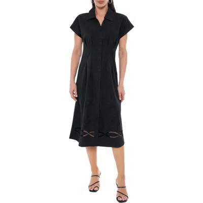 Tash And Sophie Embroidered Short Sleeve Midi Shirtdress In Black